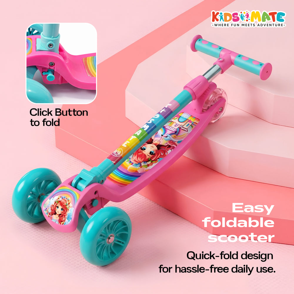 Colorful Kidsmate Cruiser Kick Scooter featuring a vibrant design with a foldable mechanism. The scooter has large blue wheels and a playful graphic on the deck, set against a pink background.