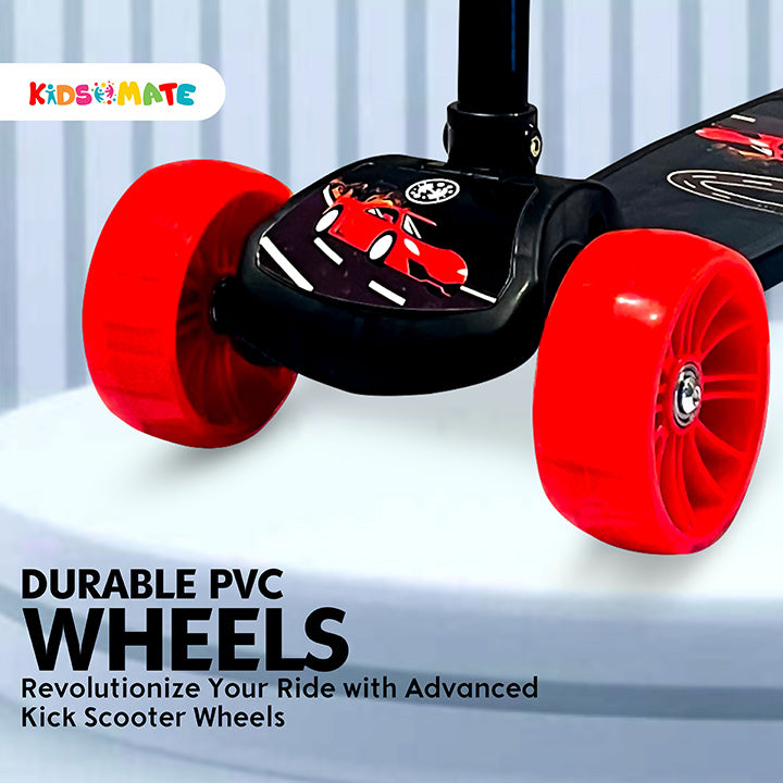 Brightly colored kick scooter designed for kids, featuring durable PVC wheels and a fun design. The scooter has a sturdy frame and a comfortable footboard, perfect for outdoor adventures.