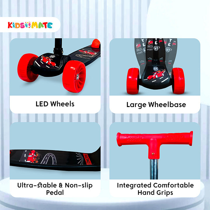 A vibrant Kidsmate Cruiser Kick Scooter featuring LED wheels, large wheelbase, ultra-stable non-slip pedal, and integrated comfortable handgrips, set against a light background.