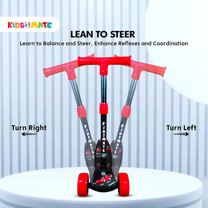 A vibrant Kidsmate Cruiser Kick Scooter featuring a sturdy frame, red handlebars, and a sleek design. The scooter encourages balance and coordination with directional arrows indicating left and right turns.