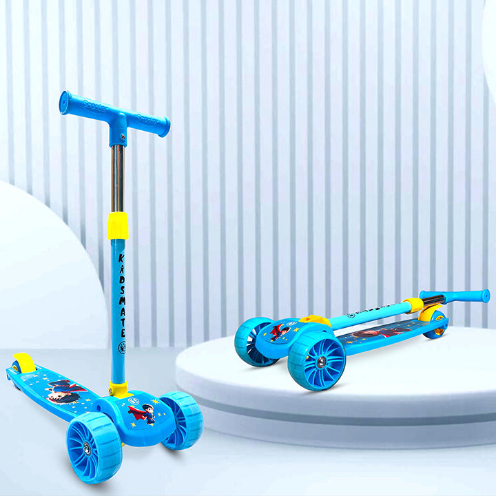 Bright blue kick scooter designed for kids, featuring colorful graphics and sturdy wheels. The handlebar is adjustable, and the brand 'KIDSMATE' is visible on the scooter.