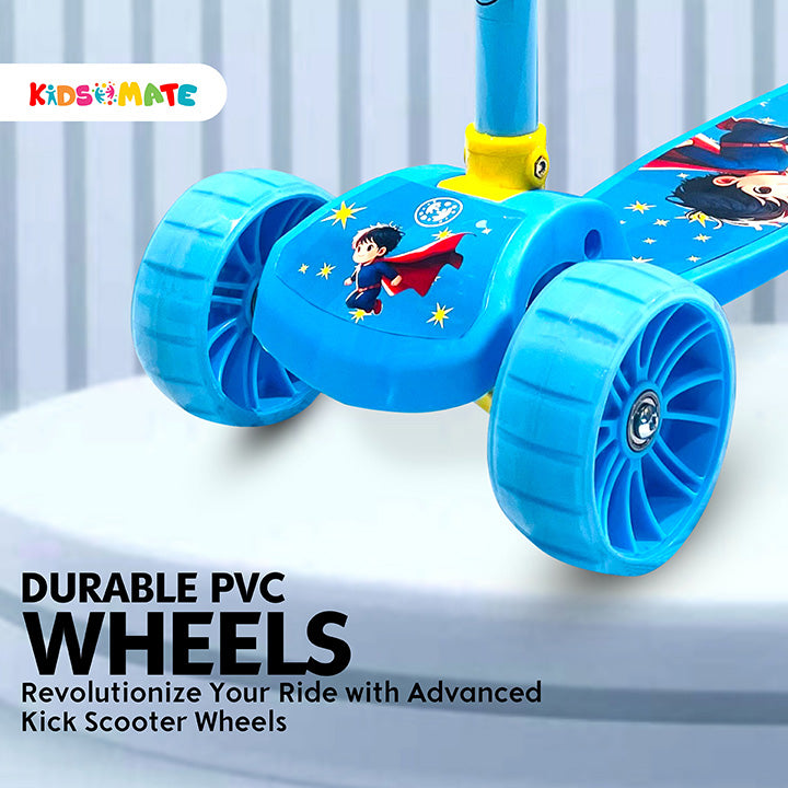 Bright blue kick scooter featuring durable PVC wheels and a colorful deck with a playful design. The handlebar is adjustable, making it suitable for kids. Kidsmate branding is visible.