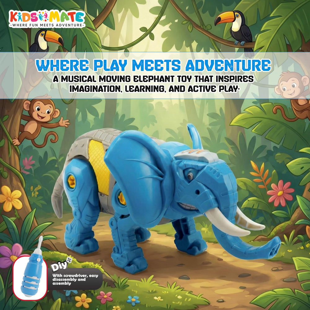 A colorful DIY elephant robot toy designed for kids, featuring movable parts and a cheerful expression. Surrounded by a playful jungle backdrop with cartoon animals, emphasizing fun and adventure.