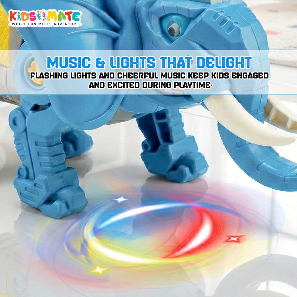 A colorful battery-powered robot elephant toy, featuring bright blue and yellow accents. The elephant has cheerful eyes and is surrounded by vibrant lights, suggesting fun and engagement for kids.