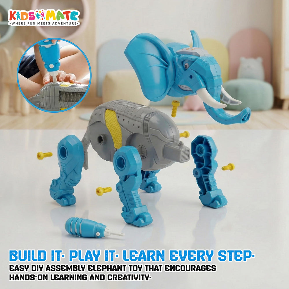 A colorful DIY elephant robot toy with a blue head and gray body, featuring visible assembly parts and tools. The background is a playful, bright room with soft furnishings, emphasizing creativity and learning.