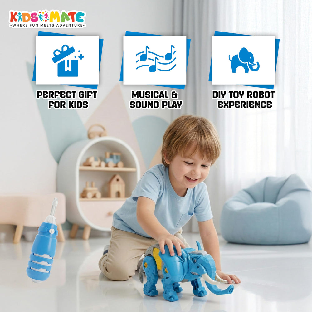 A cheerful child interacts with a blue DIY elephant robot toy, showcasing its playful design. The background features bright colors and playful decor, enhancing the fun atmosphere.