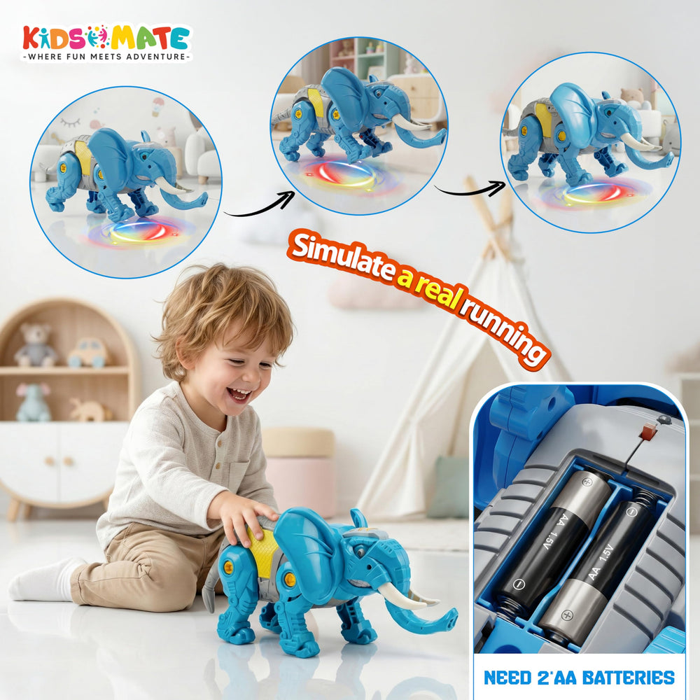 A cheerful child plays with a blue battery-powered robot elephant toy, which features colorful lights and a playful design. The background shows a bright, inviting room.