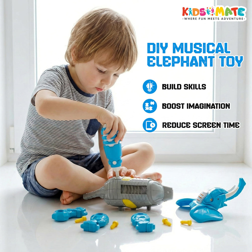 A young child sits on the floor, assembling a colorful DIY elephant robot toy. The toy pieces are scattered around, and the child is focused on connecting parts. Bright and engaging setting.
