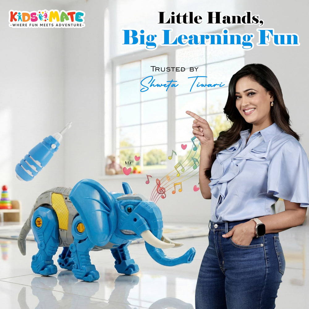 A vibrant blue DIY elephant robot toy with movable limbs and a trunk, accompanied by a smiling woman in a light blue shirt. Musical notes and a bottle are visible in the background, creating a playful atmosphere.