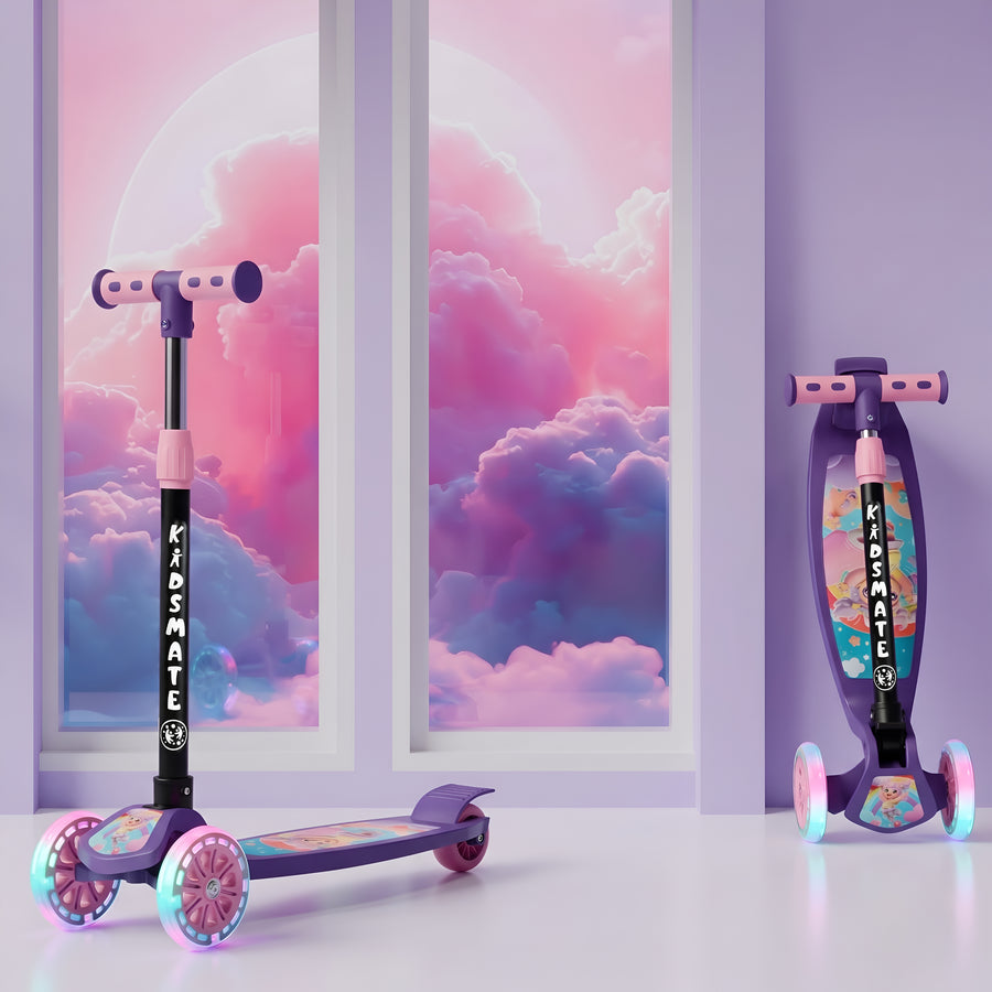 A vibrant pink and purple three-wheel kick scooter featuring illuminated wheels. The scooter is set against a pastel-colored backdrop with fluffy clouds, creating a cheerful atmosphere.