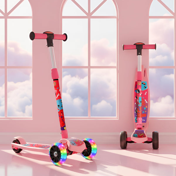 A vibrant pink kick scooter designed for kids, featuring colorful LED wheels. The scooter has playful graphics and is positioned against a backdrop of soft pink clouds, creating a cheerful atmosphere.