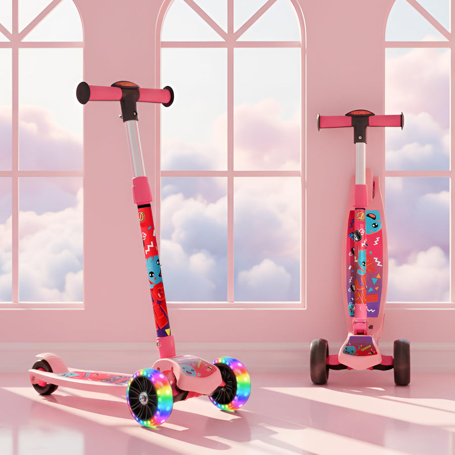 A vibrant pink kick scooter designed for kids, featuring colorful LED wheels. The scooter has playful graphics and is positioned against a backdrop of soft pink clouds, creating a cheerful atmosphere.