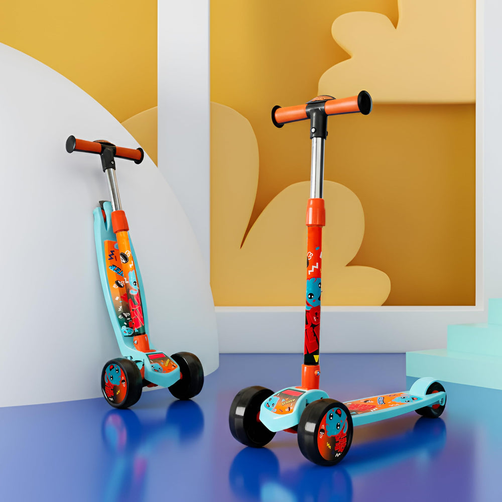 A vibrant blue kick scooter designed for kids, featuring colorful graphics and non-LED wheels. The scooter has a sturdy frame and comfortable handlebars, set against a playful background.