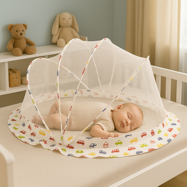 A cozy baby sleeping peacefully under a foldable mosquito net, featuring colorful cars on the base. The net is gently arched above, providing a safe and serene sleeping environment.