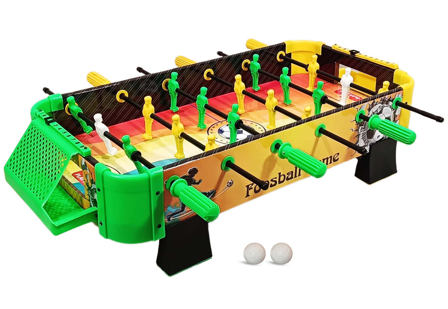 A vibrant foosball table featuring colorful players in yellow, green, and white, with a playful design. Two foosballs rest on the table, inviting fun and friendly competition.