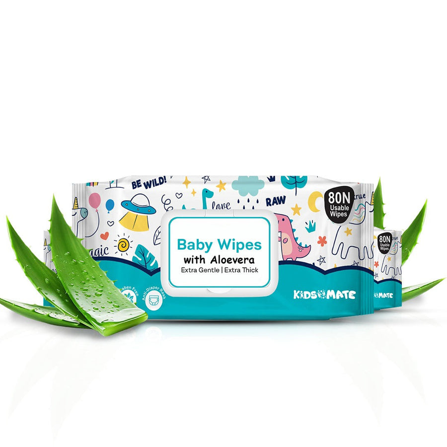 A pack of Kidsmate baby wipes featuring a colorful design with playful illustrations. The packaging highlights 'Baby Wipes with Aloe Vera' and shows aloe leaves around the pack, emphasizing its moisturizing properties.