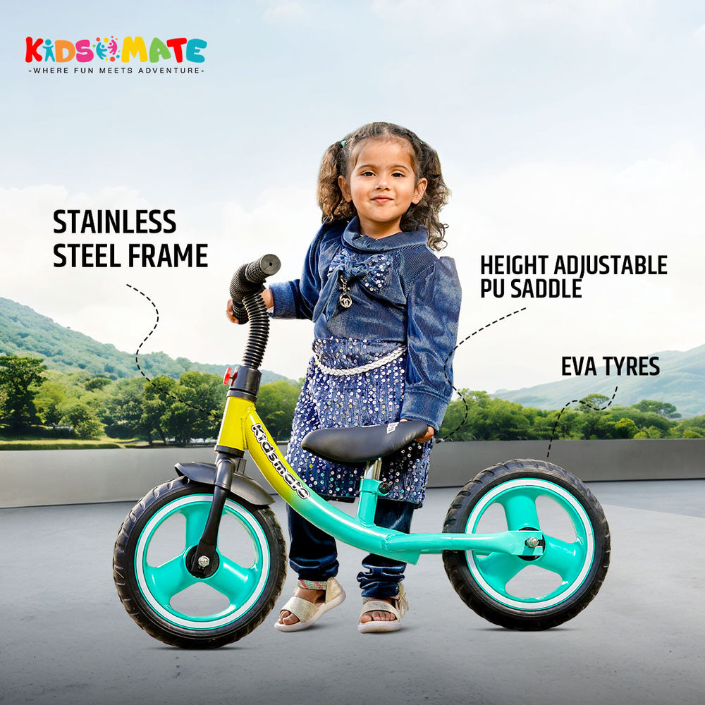 A young girl smiles while standing next to a colorful balance bike. The bike features a stainless steel frame, height adjustable PU saddle, and EVA tyres, set against a scenic outdoor backdrop.