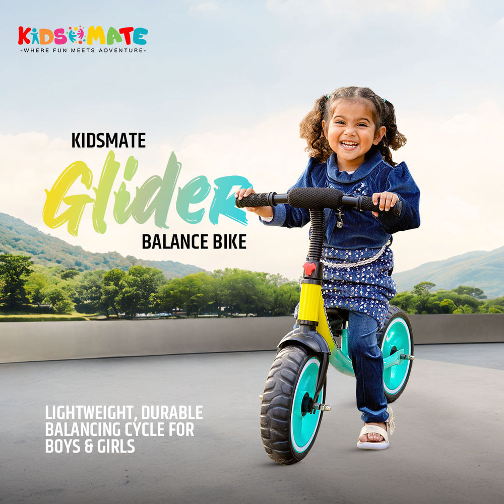 A joyful child riding the Kidsmate Glider Balance Bike, featuring bright colors and a sturdy design. The background showcases a scenic outdoor setting, perfect for adventure.