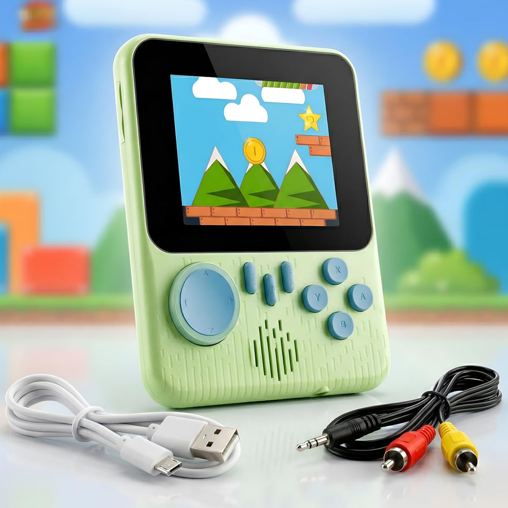 A green handheld gaming console featuring a colorful screen displaying a game scene with mountains and clouds. Includes a USB charging cable and AV cables for connection.