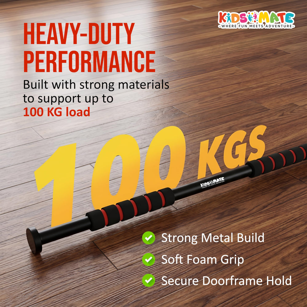 A sturdy pull-up bar designed for kids, featuring a strong metal build and soft foam grips. The bar is displayed with a vibrant background, highlighting its capacity to support up to 100 kg.
