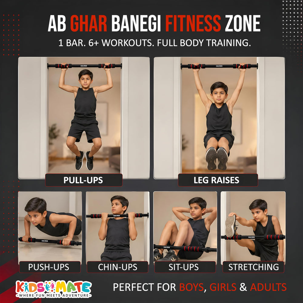 A pull-up bar designed for kids, featuring a boy performing various exercises like pull-ups, leg raises, and push-ups. The background shows a fitness-themed layout with engaging visuals.