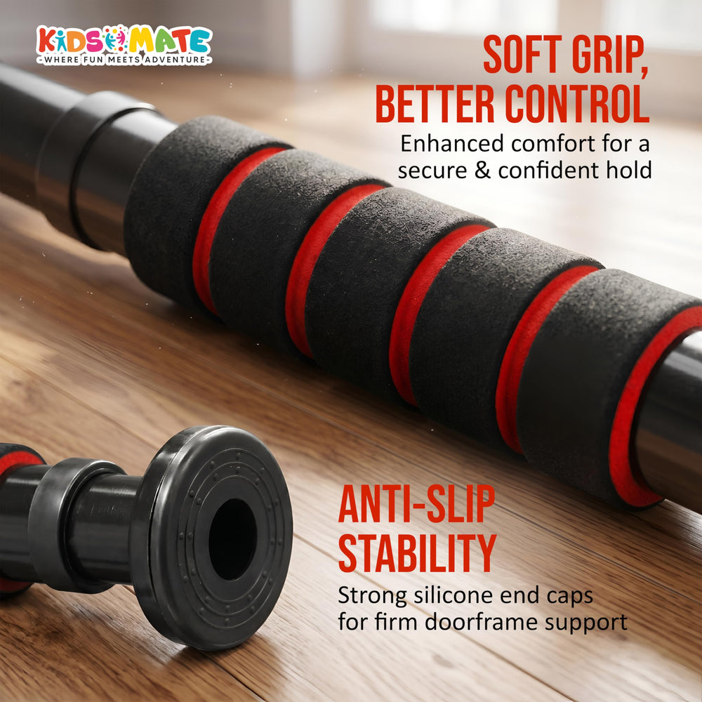 Height increase pull up bar designed for kids featuring a soft grip with red accents for comfort and control, and anti-slip silicone end caps for stability.
