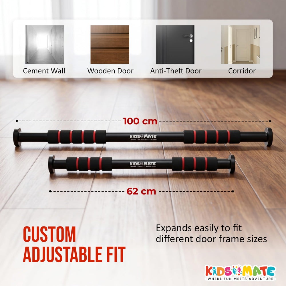 Height increase pull up bar designed for kids, featuring adjustable lengths for various door frames. The bar has rubber grips and is shown against a wooden floor with wall options.