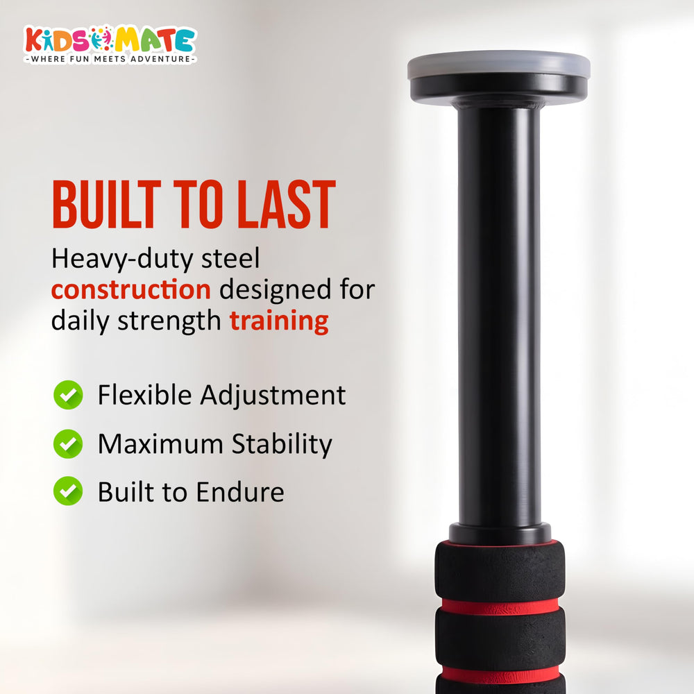 Height increase pull up bar designed for kids, featuring a sturdy steel construction with adjustable height and rubber grips for stability. Bright and colorful design enhances appeal.
