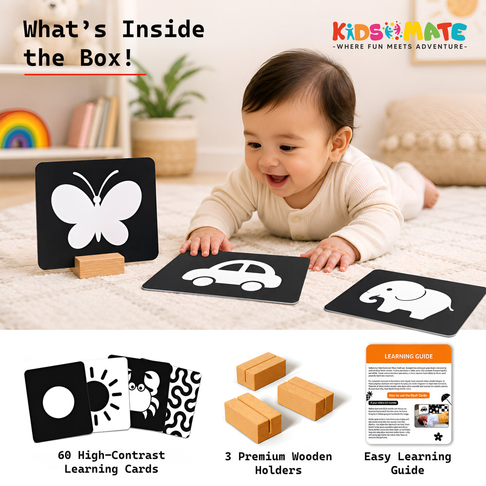 A joyful child playing with high contrast flash cards featuring a butterfly, car, and elephant. The set includes 60 learning cards and three wooden blocks, all presented in a bright, engaging setting.
