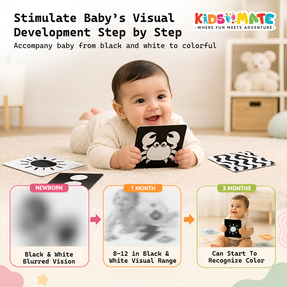 A baby lying on a soft surface, engaging with high contrast flash cards featuring animal designs. The background shows a playful and colorful setting, promoting visual development.