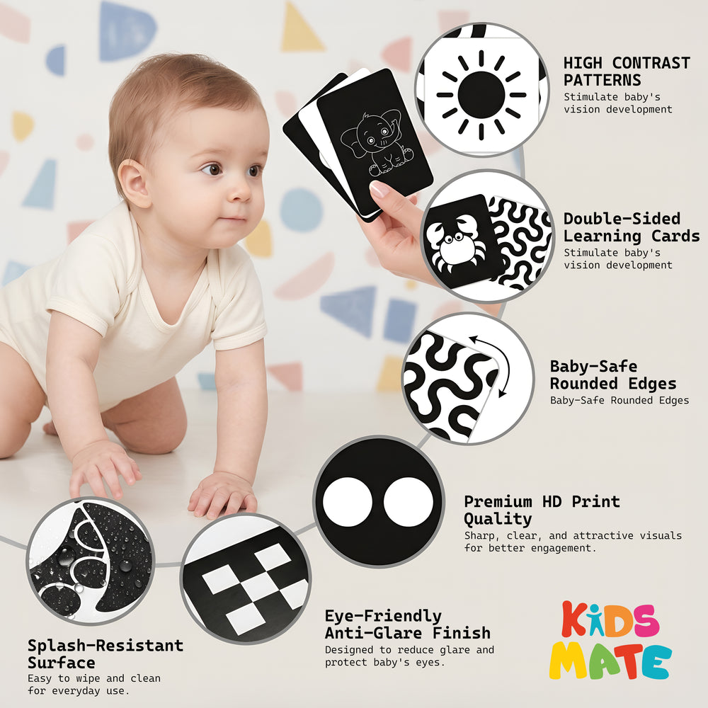 A toddler sits on the floor, engaging with high contrast flash cards featuring various patterns. The cards are round with designs like a panda, swirls, and checkerboard. The background has colorful geometric shapes. The