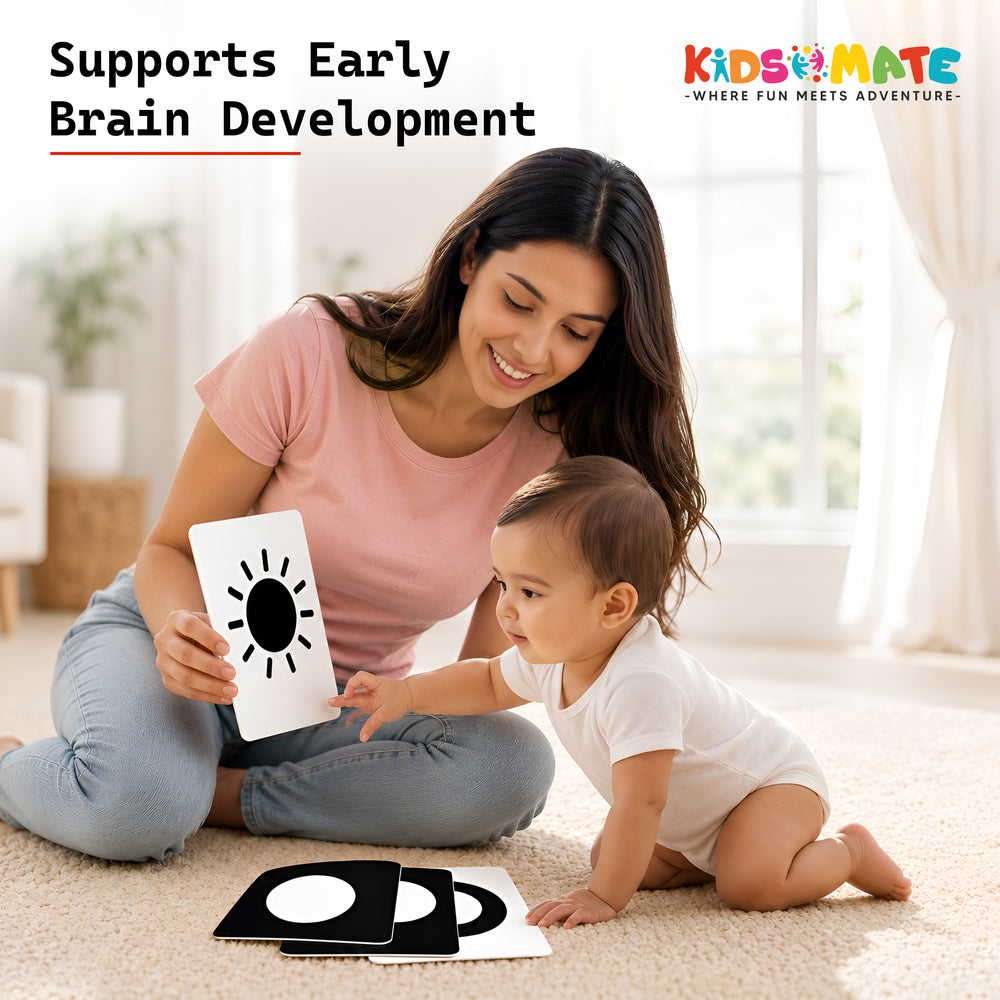 A mother and her toddler engage with high contrast flash cards, promoting early brain development. The mother holds a card with a sun design, while the child looks curiously at another card. Bright and inviting setting.