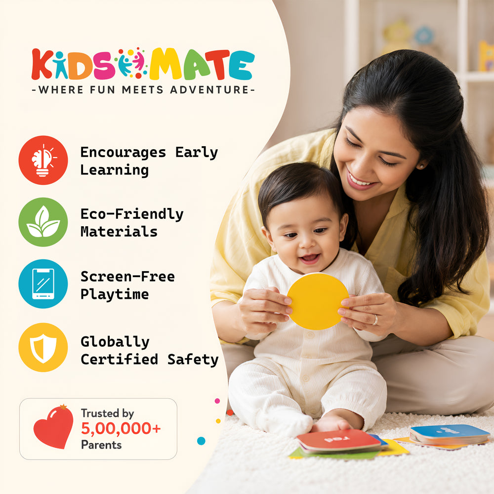 A mother and child engaging with colorful high contrast flash cards. The child is smiling and holding a card, while the mother looks on encouragingly. The background features playful design elements.