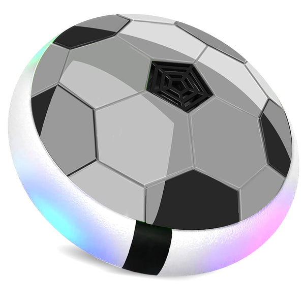 A hover football designed for indoor play, featuring a black and white soccer ball pattern with colorful LED lights around the edge. The smooth surface allows for gliding on floors.