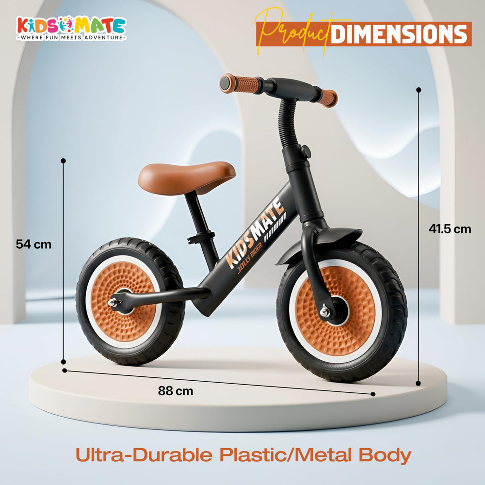 A stylish balance bike designed for kids, featuring a black frame with orange accents and comfortable seating. The bike is displayed with product dimensions highlighted, showcasing its sturdy construction.