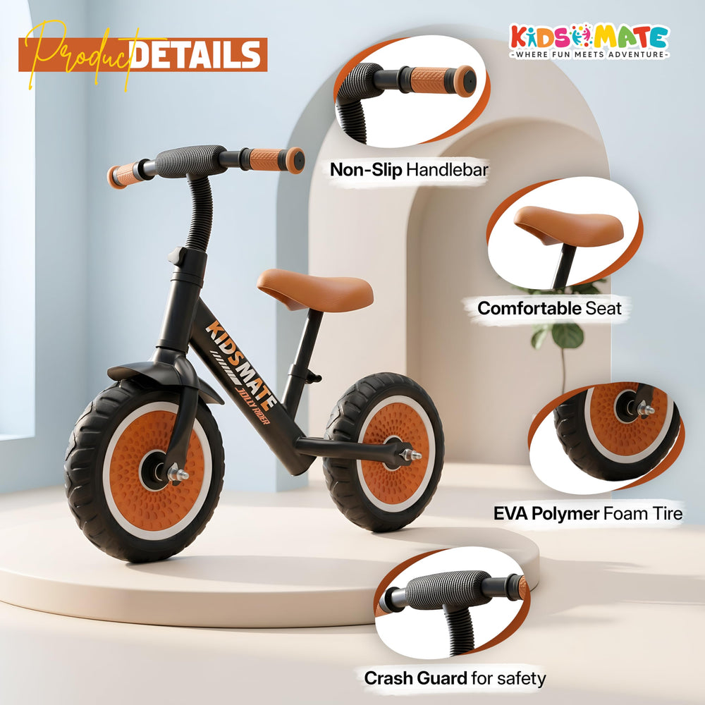 A Kidsmate Jolly Rider Kids Balance Bike featuring a non-slip handlebar, comfortable seat, EVA polymer foam tires, and a protective crash guard, set against a soft, light background.