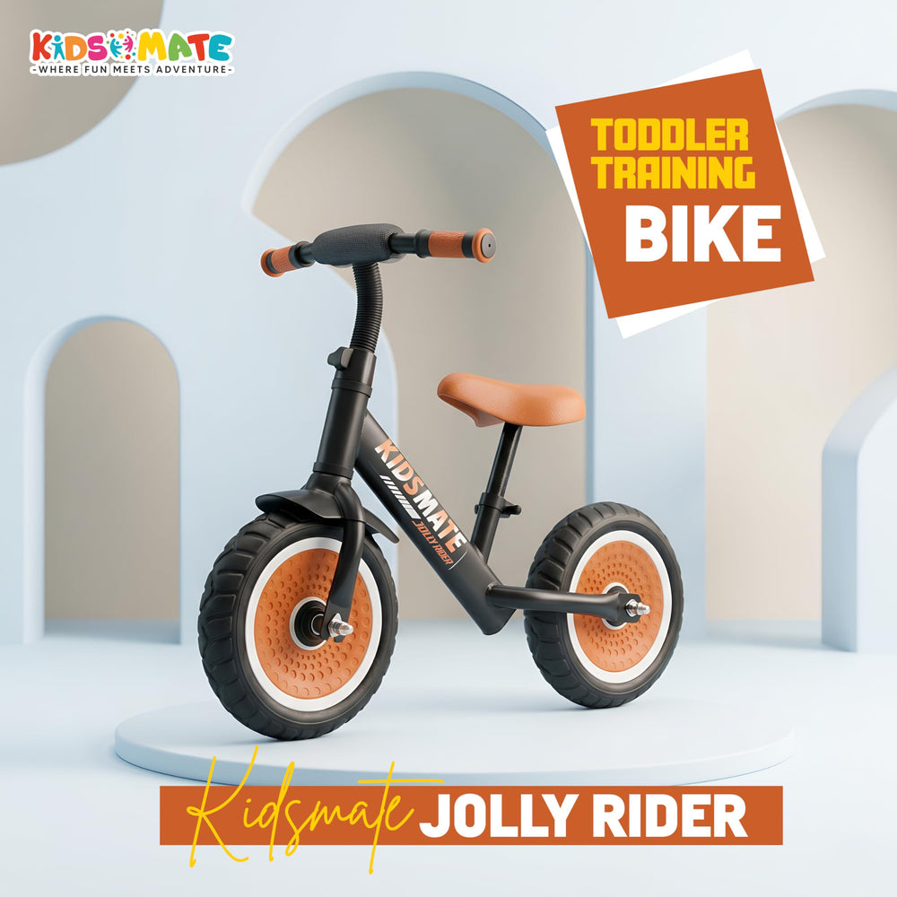 A vibrant balance bike designed for toddlers, featuring a sturdy frame, orange wheels, and a comfortable seat. The bike is displayed on a light blue platform with a playful background.