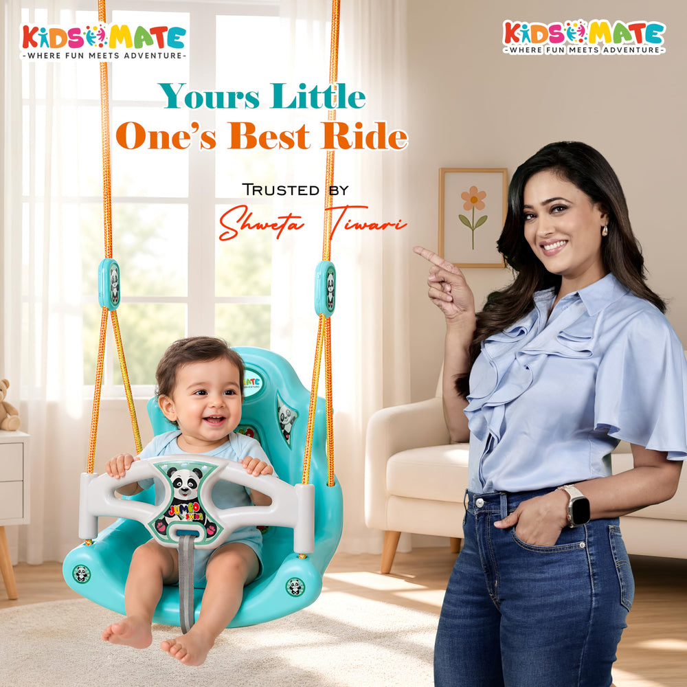 A cheerful baby sits in a bright blue jumbo swing, smiling with joy. A woman stands beside the swing, looking at the baby with affection. The background features playful decor, enhancing the joyful atmosphere.