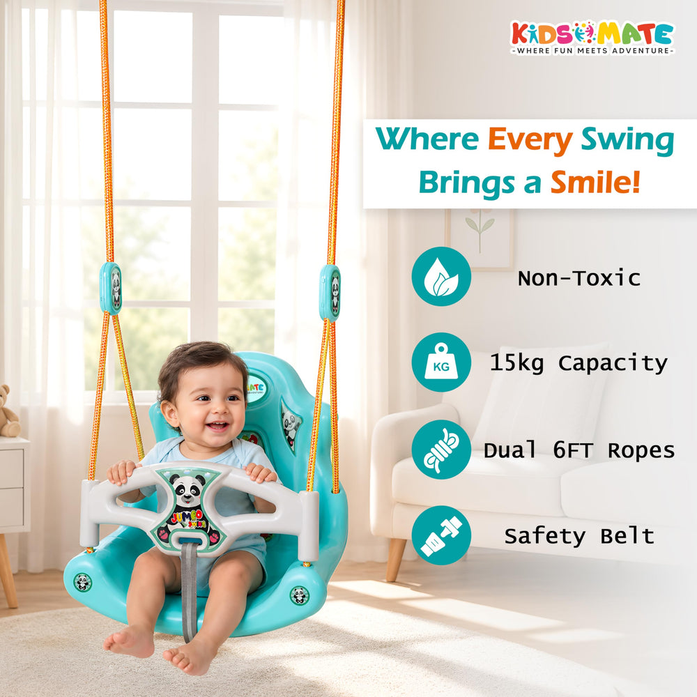 A colorful jumbo baby swing designed for kids, featuring a comfortable seat with safety belt and dual ropes. The swing is suitable for indoor or outdoor use, promoting fun and safety.