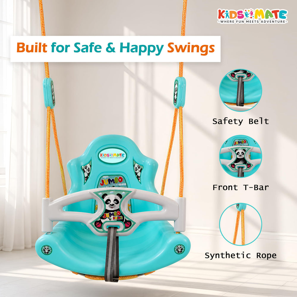 A vibrant jumbo baby swing designed for kids, featuring a safety belt and front T-bar. The swing has a playful panda design and is suspended by sturdy orange ropes, set against a light background.
