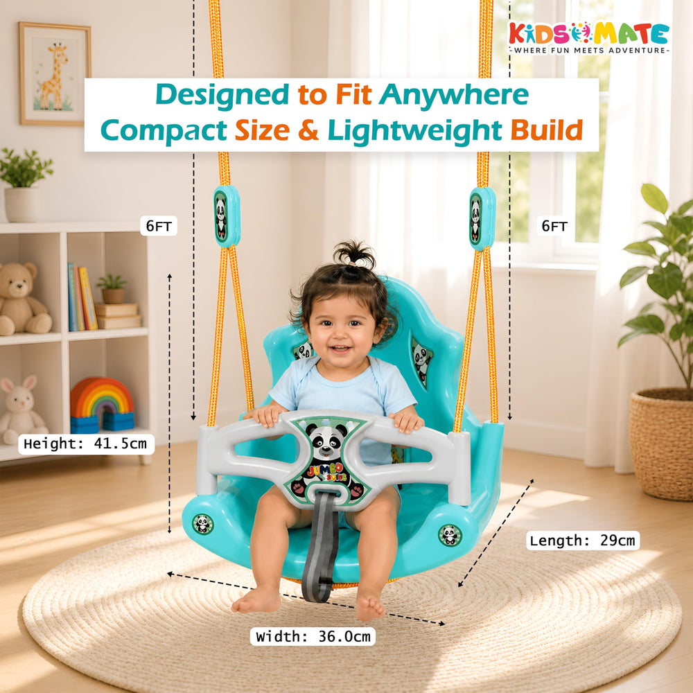 A vibrant jumbo baby swing designed for kids, featuring a comfortable seating area and safety harness. Bright colors and playful design, set in a cozy room with plants and shelves.