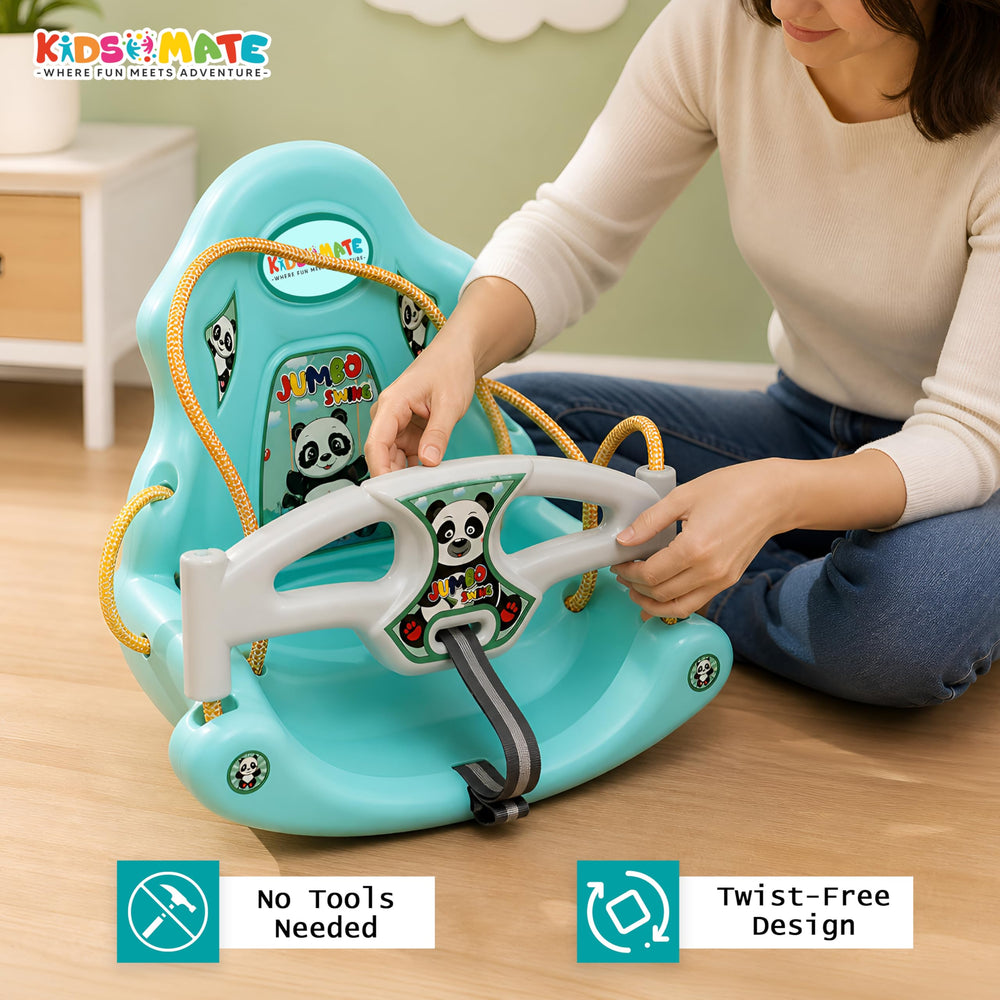 A vibrant turquoise jumbo baby swing designed for kids, featuring playful panda graphics. The swing has a secure harness and a twist-free design, ideal for safe playtime.