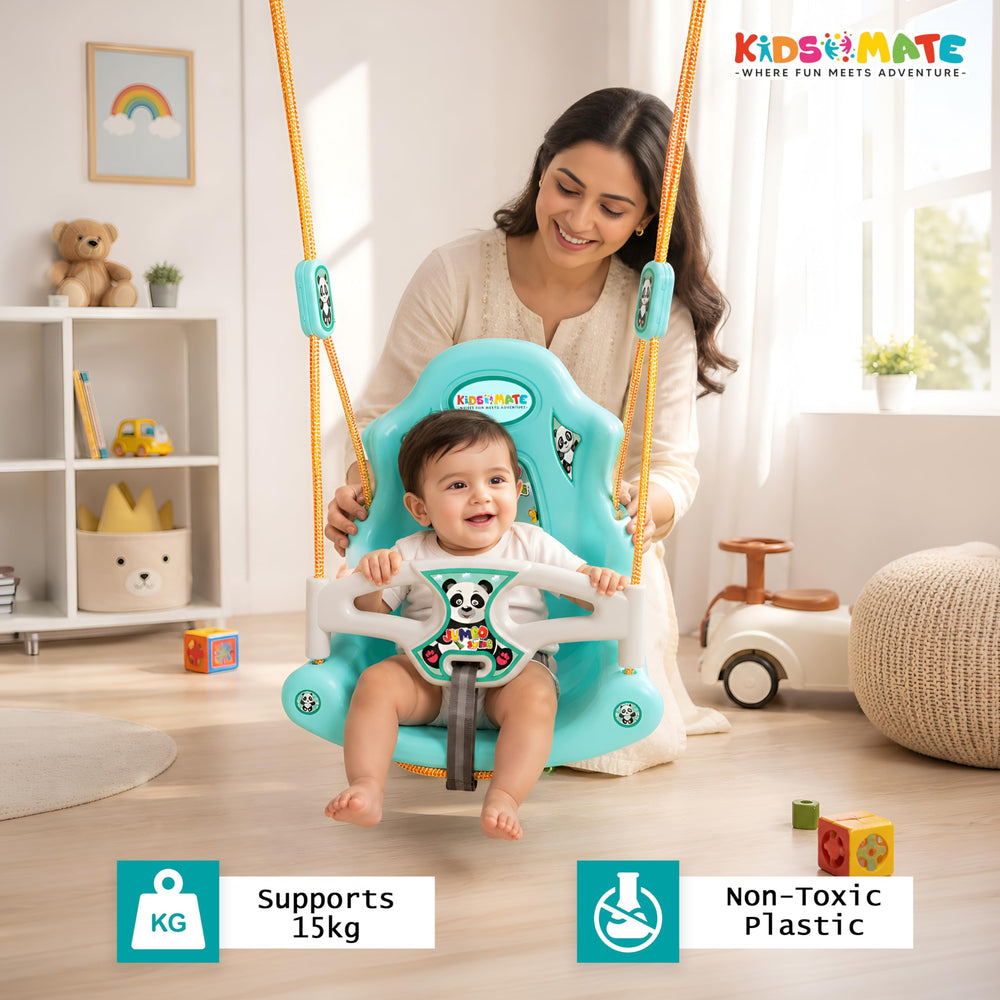A cheerful baby swings in a bright blue Kidsmate Jumbo Baby Swing, featuring a comfortable seat and safety harness. A smiling mother watches nearby in a cozy, well-lit room.