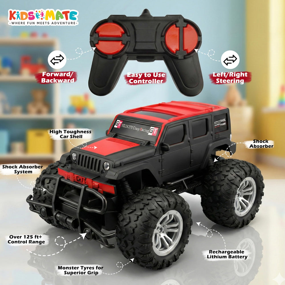 Jumbo SUV remote control car with large tires and a sleek design, accompanied by a remote control featuring forward, backward, and steering buttons. Background shows a colorful playroom.