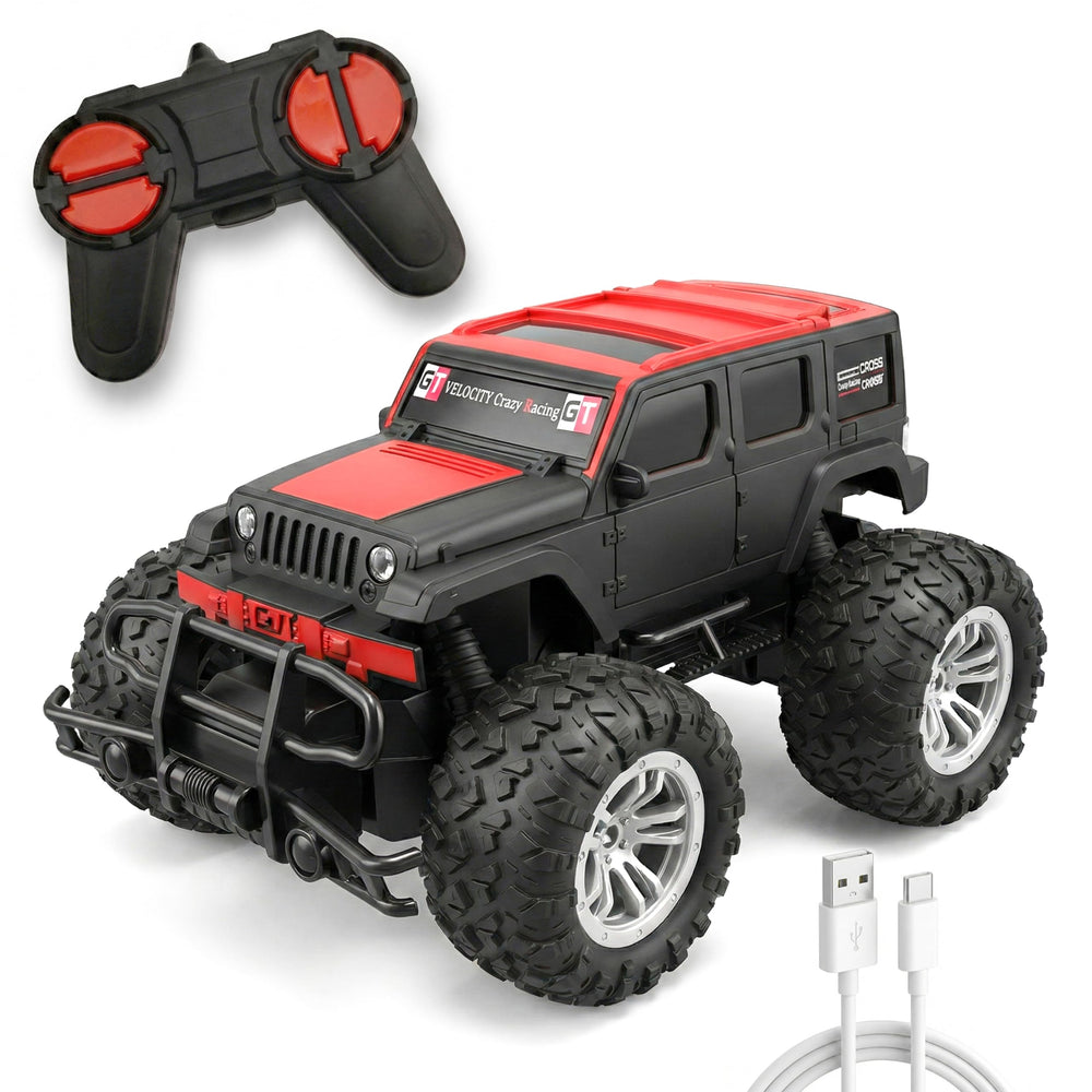 A vibrant red and black remote control SUV with large tires, accompanied by a matching remote control and a USB charging cable, showcasing a fun design for kids.