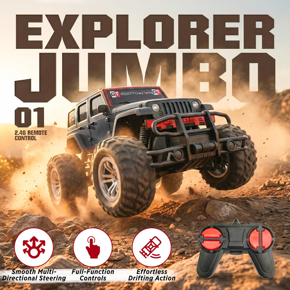 A rugged, battery-powered remote control SUV car with oversized tires, set against a sandy terrain. The car features a bold design with red accents and is accompanied by a remote control with dual handles.