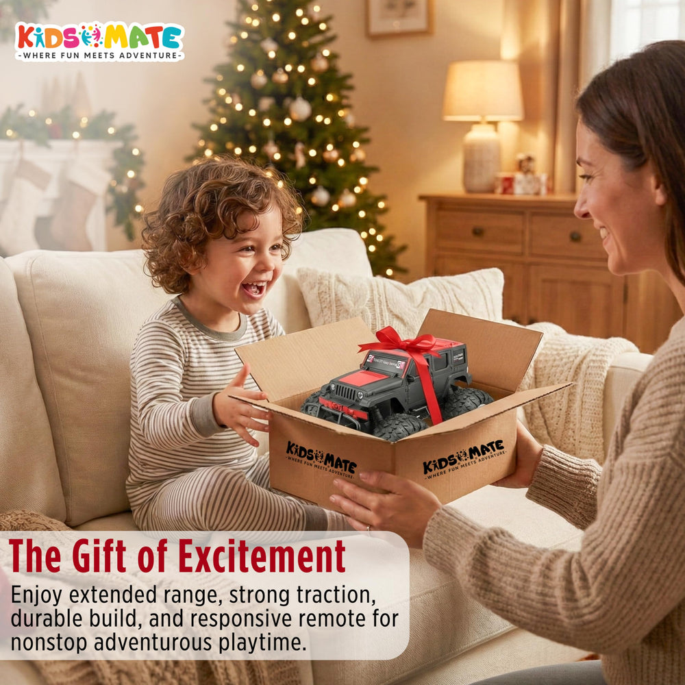 A child excitedly holds a remote control car in a cozy living room setting, surrounded by greenery. The car features a sturdy design, and the Kidsmate logo is visible on the packaging.