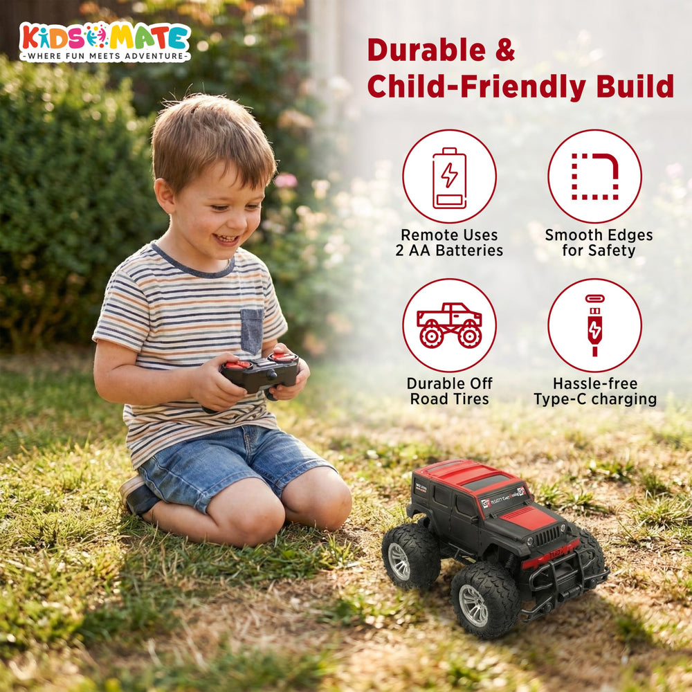 A young boy joyfully controls a black remote control SUV car outdoors. The car features durable tires and a child-friendly design, with smooth edges for safe play.