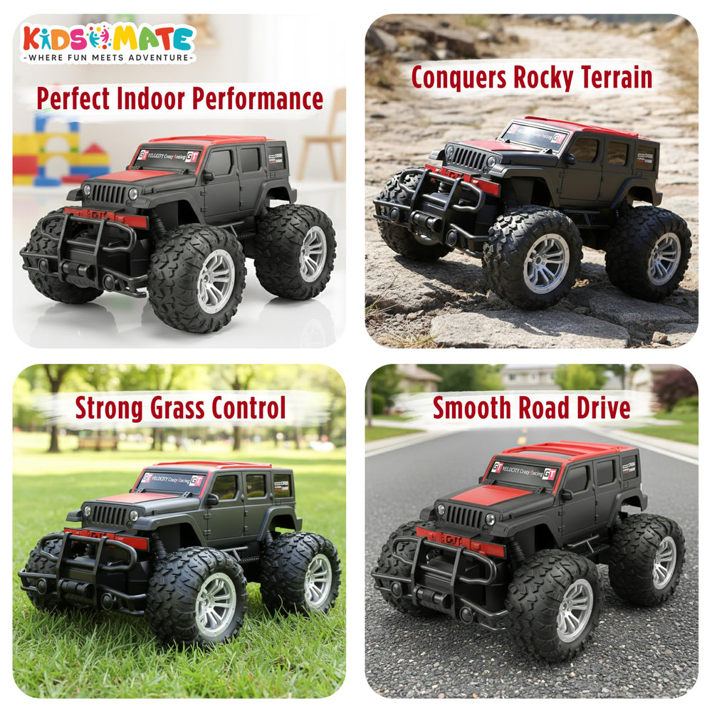 Jumbo SUV remote control car with large wheels, showcased in four scenes: indoor play, rocky terrain, grass, and smooth road. Kidsmate logo visible in the corner.