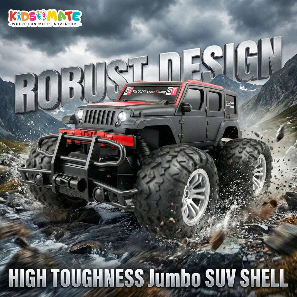 A robust, battery-powered jumbo SUV remote control car with large wheels, showcasing a sleek design and vibrant colors. The background features dynamic text emphasizing its tough build.